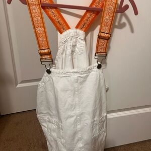 White Denim Overall Dress with Orange Patterned Suspenders
